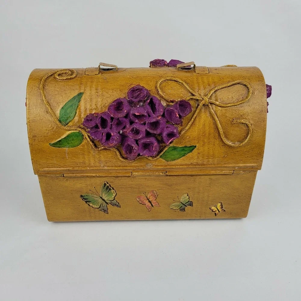 Vintage Decoupage Lunch Box Purse Folk Art  Paper Mache Flowers American Thermos